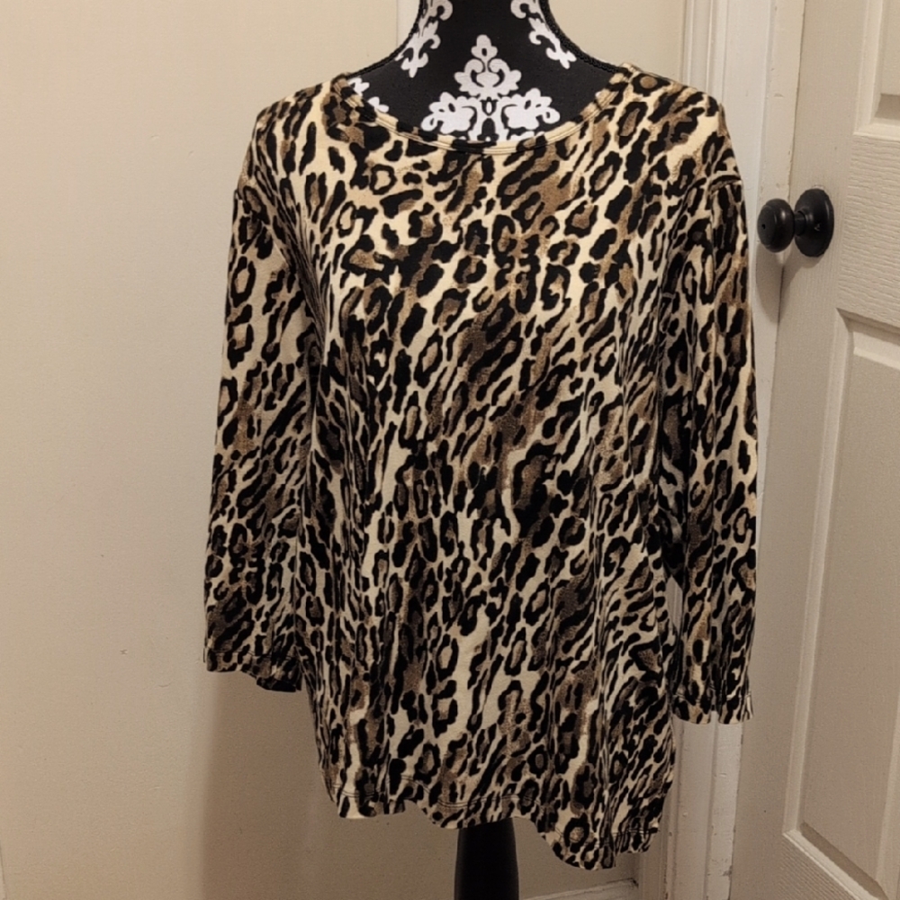 Jones New York Sport Woman Black/Tan/Cream Leopard Print 3/4 Sleeve Top, Size 2X